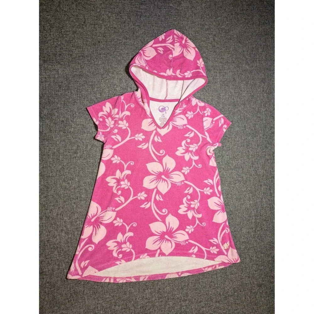 Vintage Ocean Pacific OP Hooded Shirt Medium 7-8 Fucshia Pink Floral Pool Beach